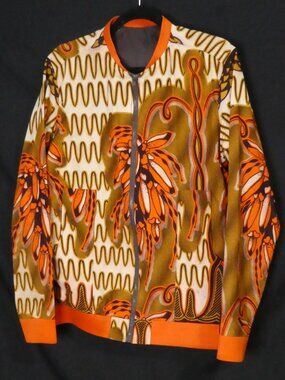 African Print Zip-Up Bomber Jacket Orange Gold Pattern P2P 21.5 inches measured